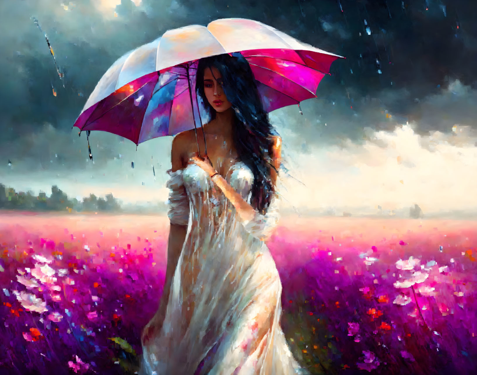 Woman in White Dress with Colorful Umbrella in Rain-Soaked Purple Flower Field