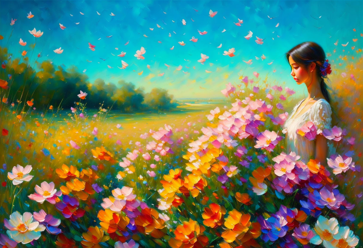 Woman in Colorful Flower Field with Butterflies under Blue Sky