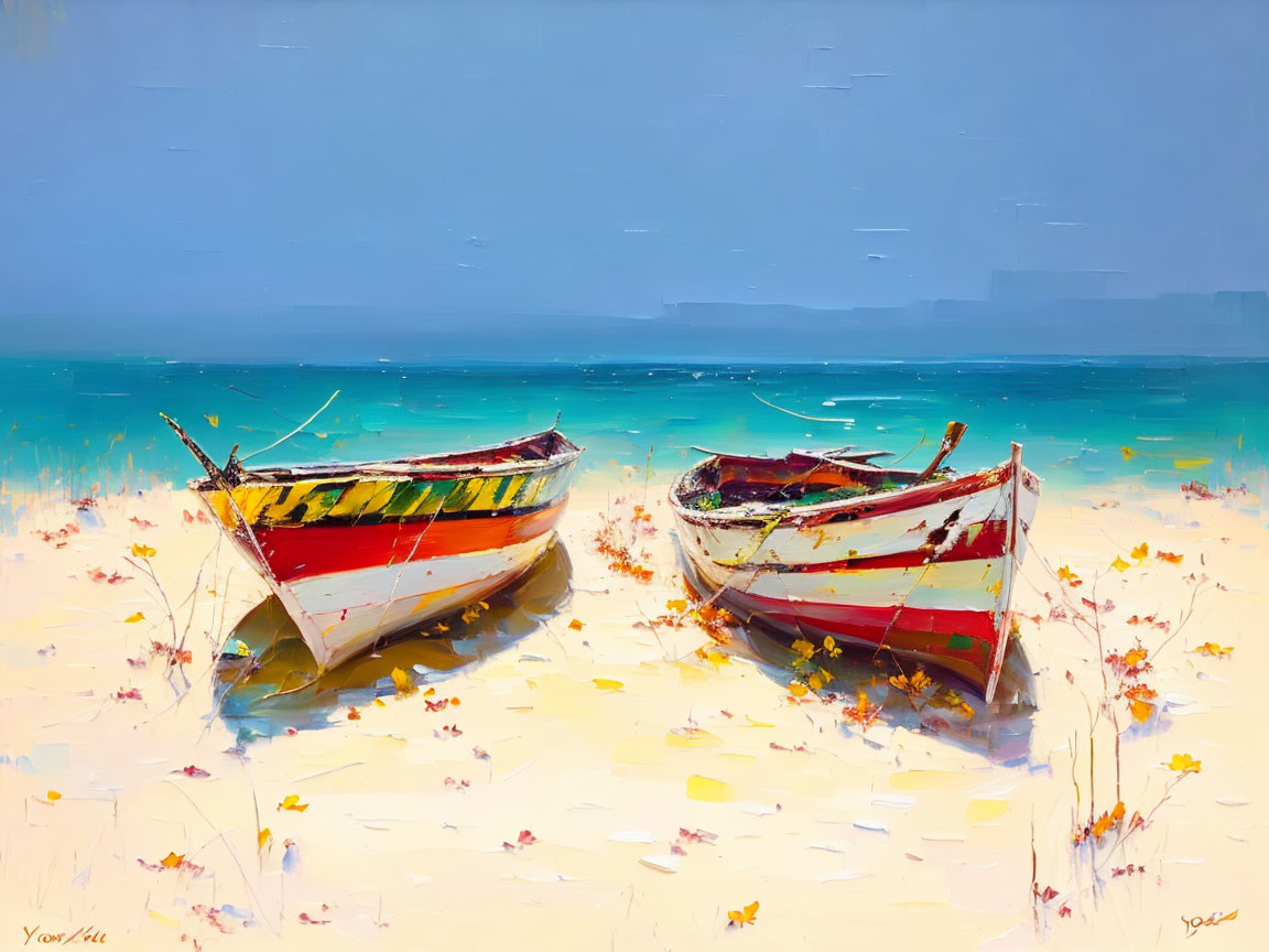 Colorful boats on shore with vibrant flowers under bright blue sky