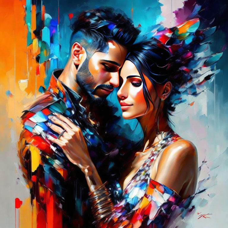 Colorful painting of embracing couple in vivid brushstrokes