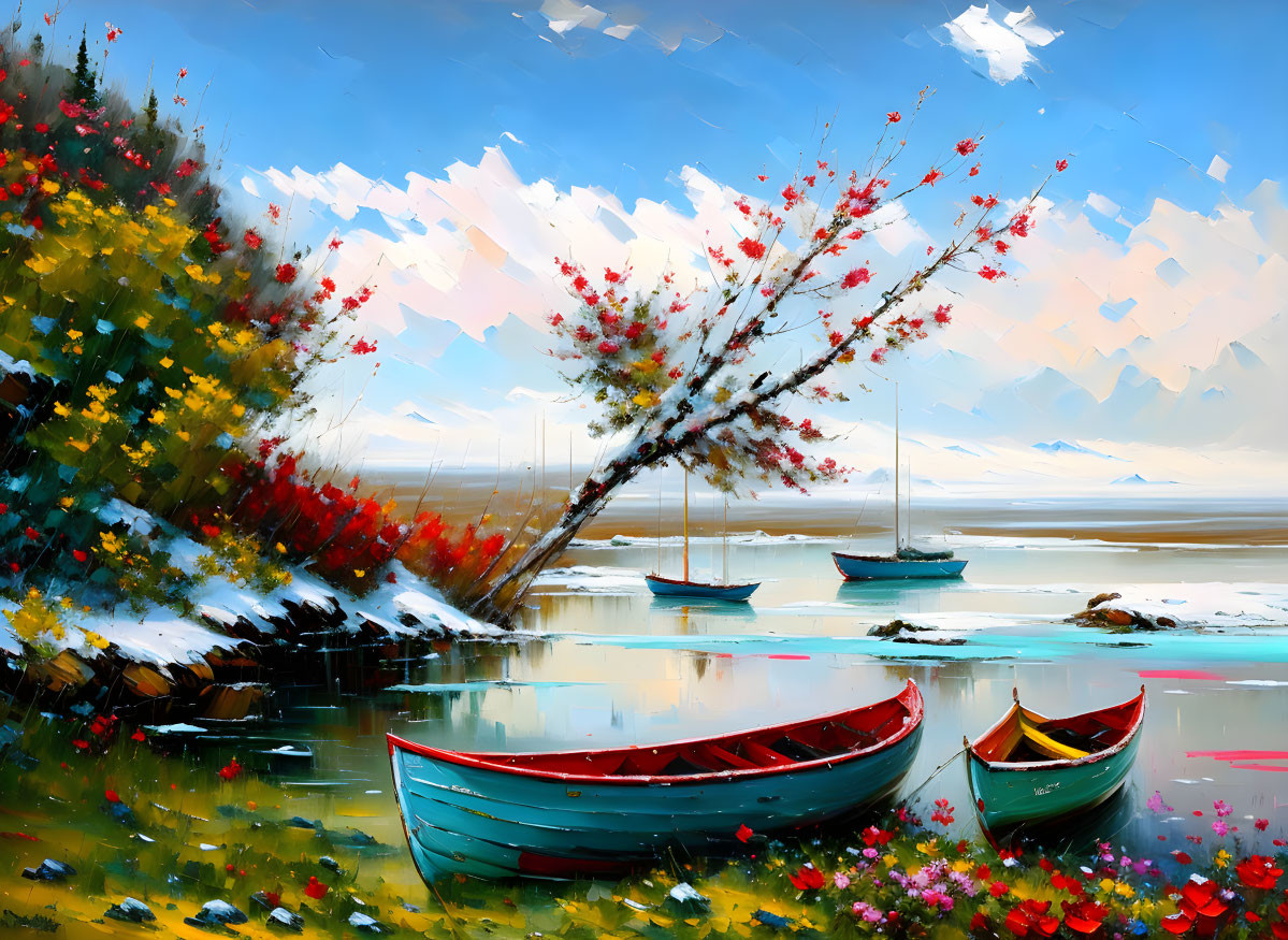 Colorful coastal oil painting with boats, flowers, and serene waters