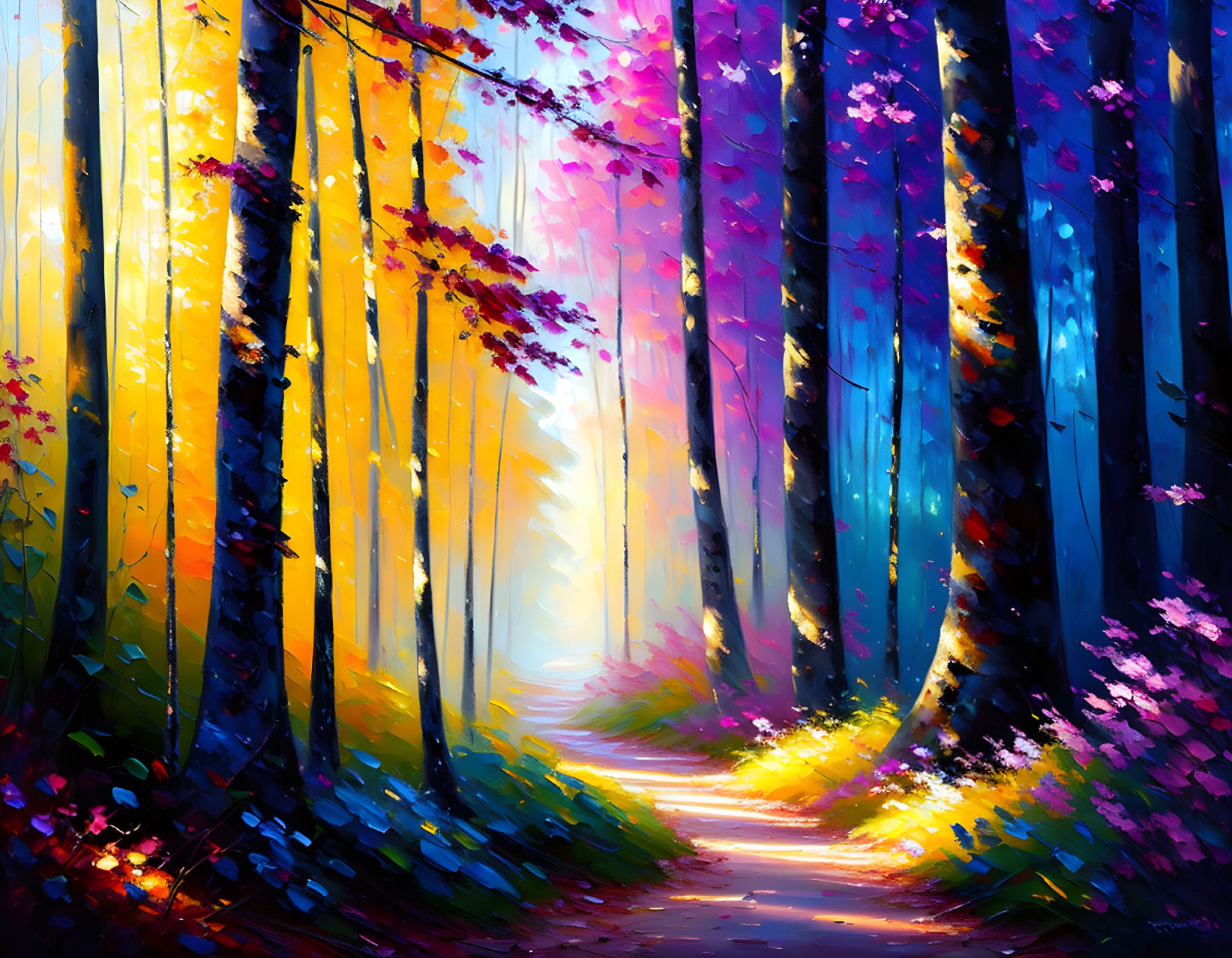 Colorful Forest Path with Yellow, Purple, and Blue Hues