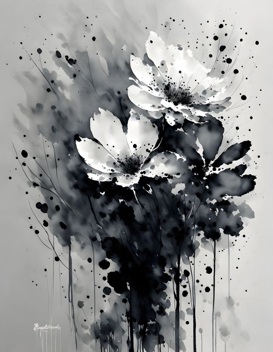 Monochrome abstract art of stylized flowers with ink splatter details on gray background