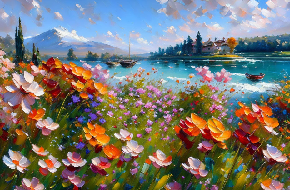 Vibrant Flower Field Painting by Lake with Mountains