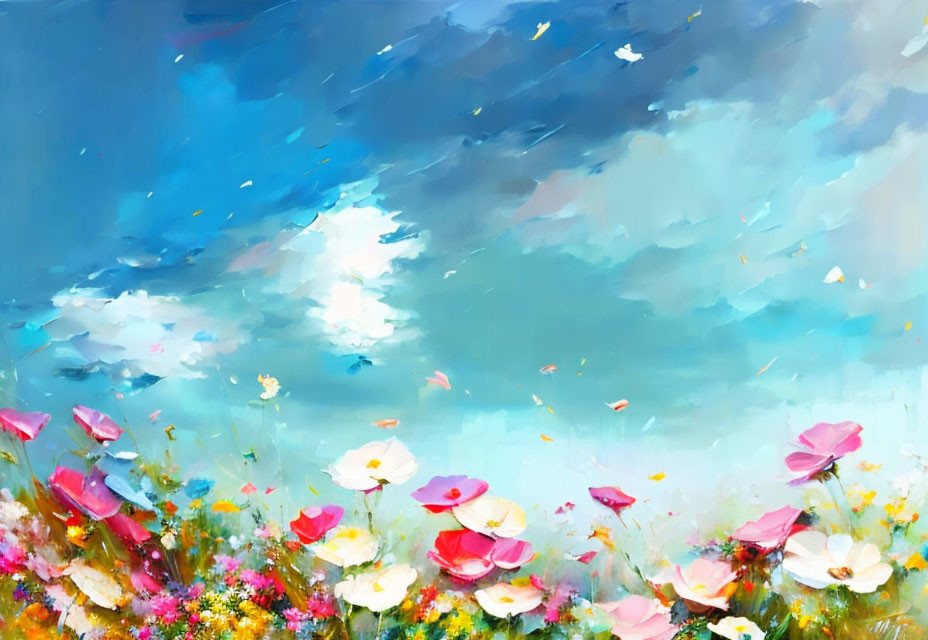 Colorful Abstract Painting of Flowers Under Blue Sky