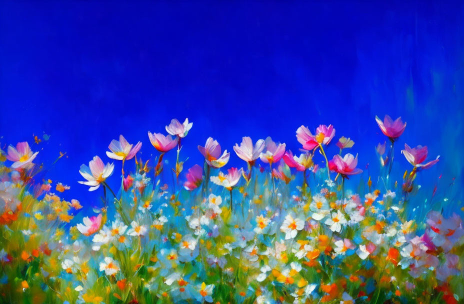 Colorful Flower Field Painting with Pink and White Petals on Blue Background