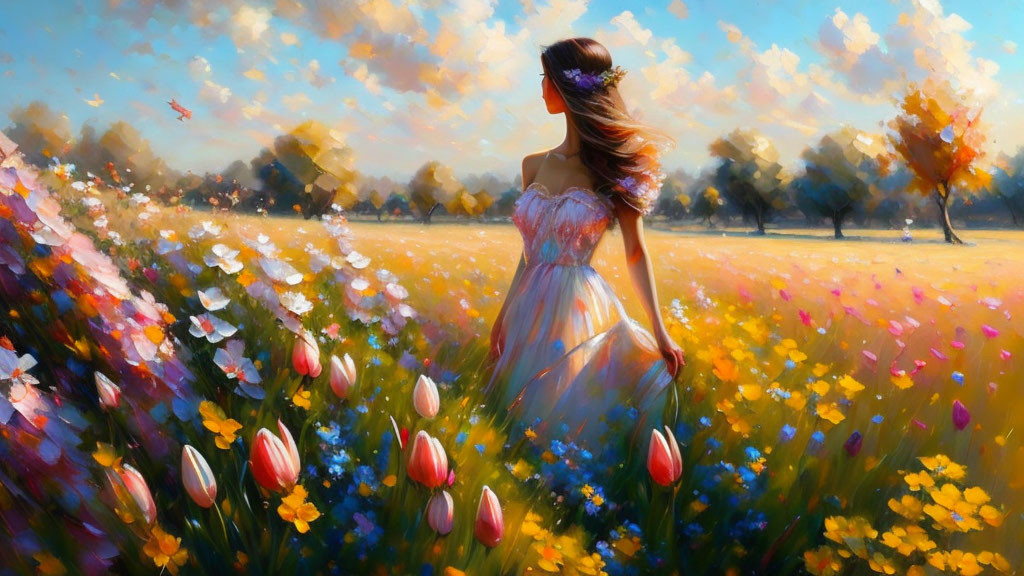 Woman in flowing dress strolling vibrant flower meadow