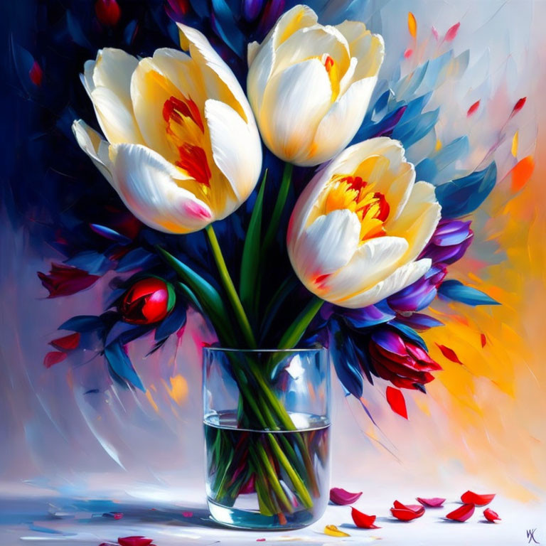 Colorful painting of yellow and red tulips in a clear vase