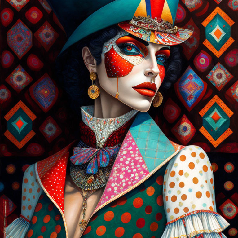 Vibrant digital artwork: Woman in dramatic makeup and clown costume on kaleidoscopic background