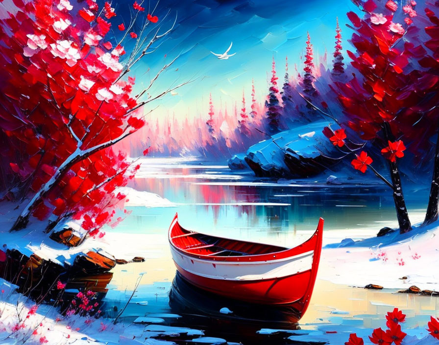 Red and White Boat Painting on Snowy Riverbank with Red Trees