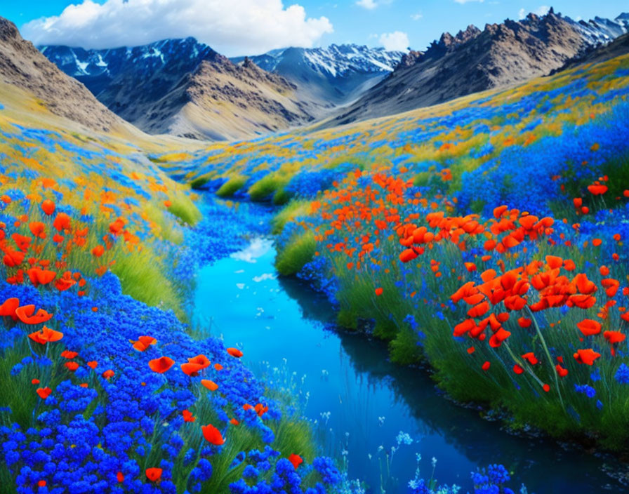 Colorful landscape with meandering stream and vibrant flowers amidst rugged mountains