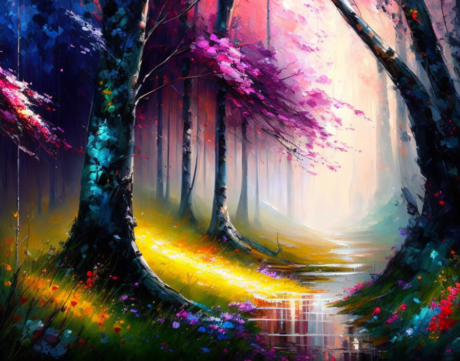 Colorful Forest Path with Sunlight and Water Reflections