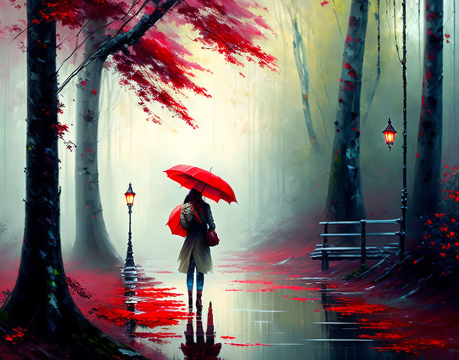 Person with Red Umbrella Walking in Misty Autumn Forest with Red Leaves