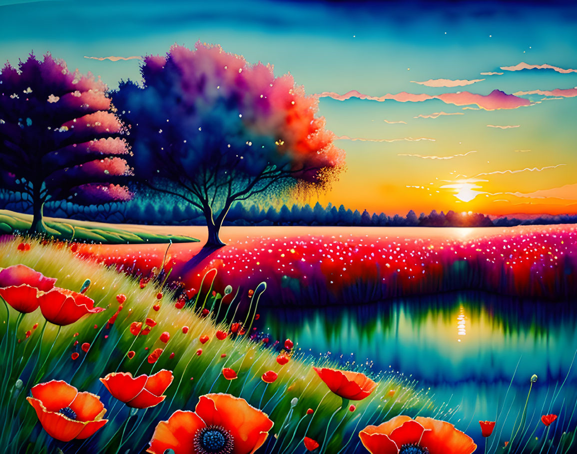 Colorful sunset scene with red poppies, reflective river, and whimsical trees.