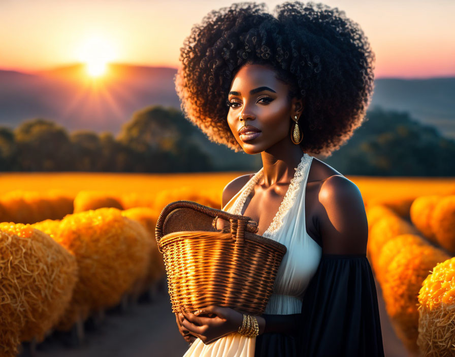 Woman with Voluminous Afro Hairstyle in Sunlit Field with Wicker Basket