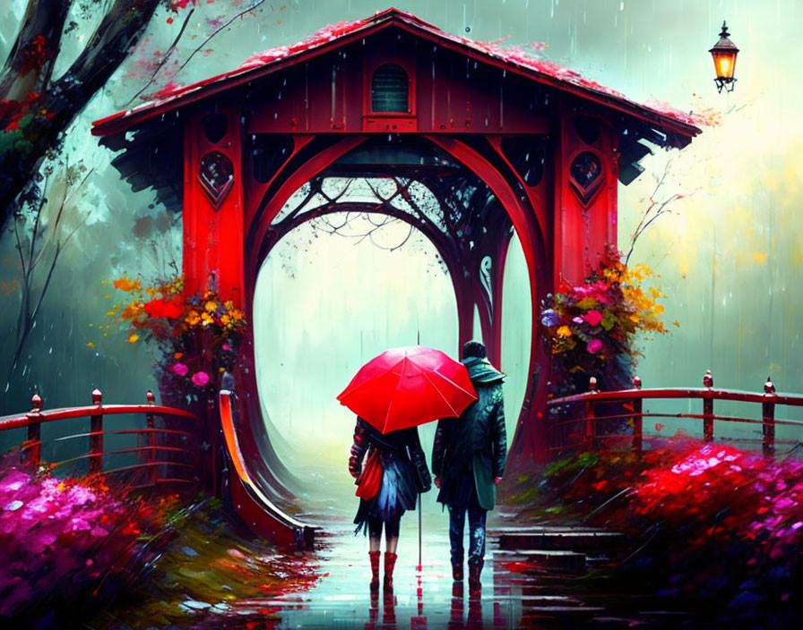 Couple under red umbrella near covered bridge on rainy autumn day