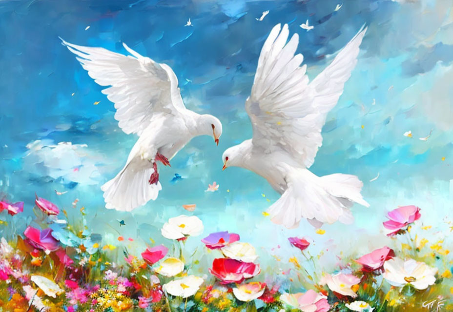 White doves flying in vibrant blue sky with wildflowers