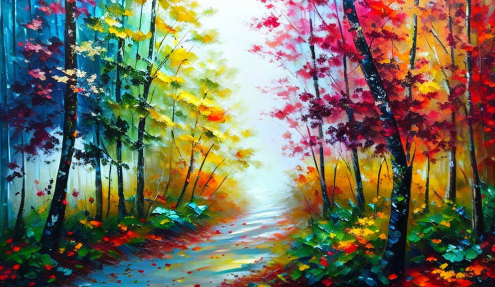 Colorful Autumn Forest Path Painting with Glowing Misty Light