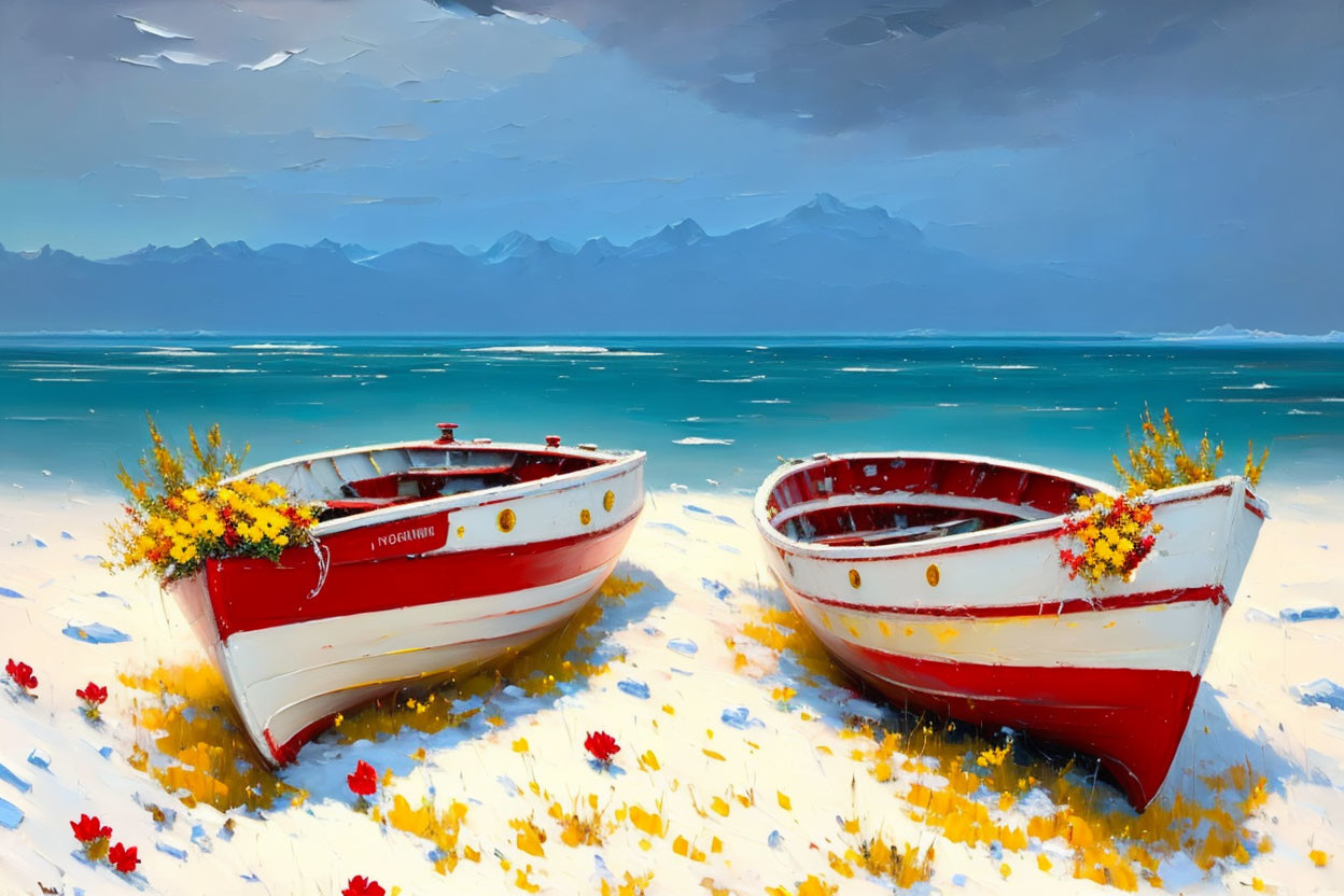 Red and white boats with yellow flowers on sandy shore with mountain backdrop under blue sky.