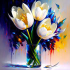 Colorful painting of yellow and red tulips in a clear vase