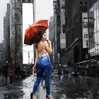 Woman with Red Umbrella Walking in Rainy City Street