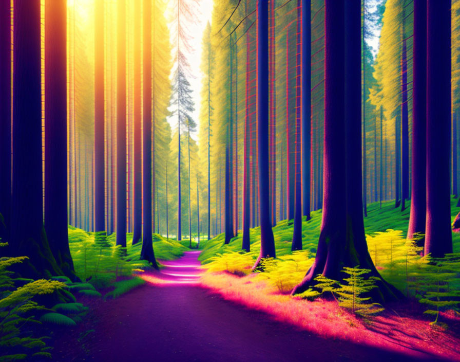 Sunlit Forest Path with Vibrant Foliage and Tranquil Trail