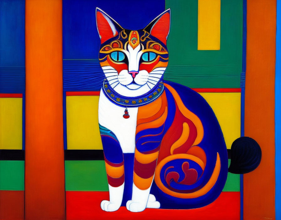 Vibrant painting of cat with intricate patterns and bold shapes