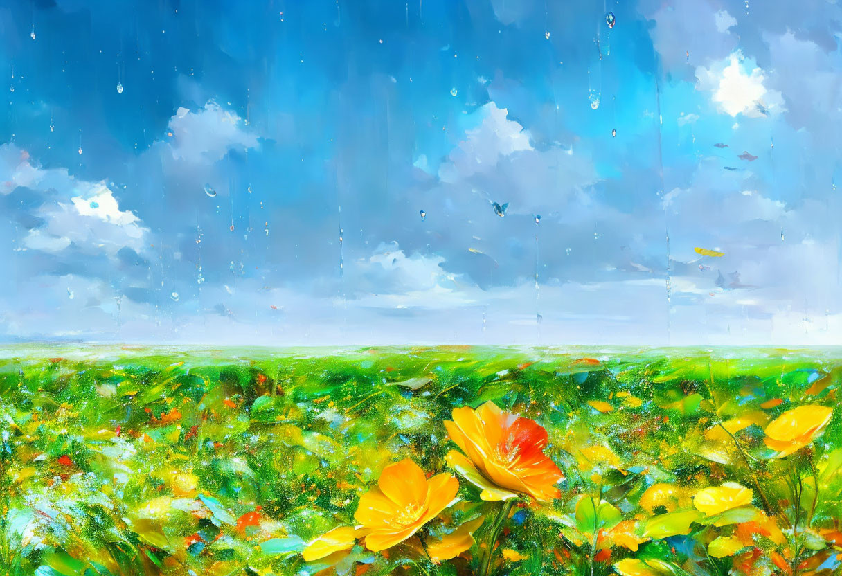 Colorful oil painting of sunny meadow with yellow flowers, blue sky, rain, and rainbow.