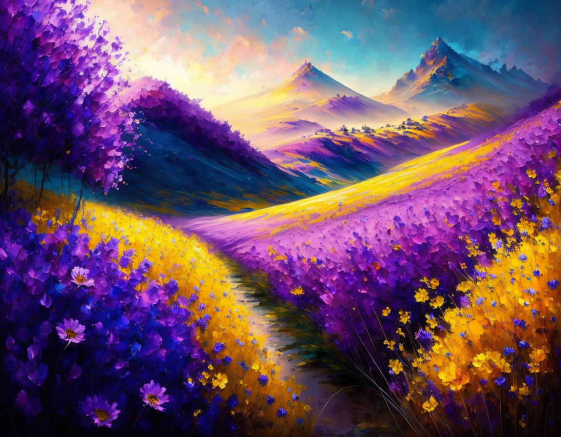 Colorful landscape painting: Path through purple and yellow flower fields to distant mountains