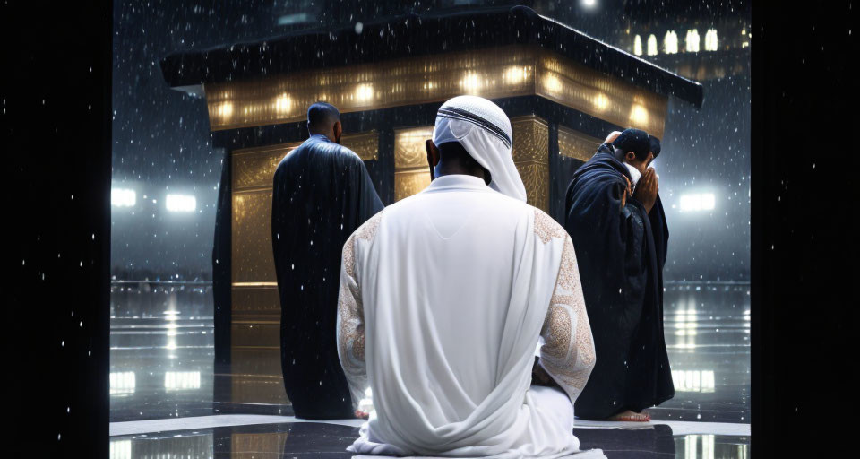 Islamic individuals praying at night near illuminated Kaaba under rain-drenched sky