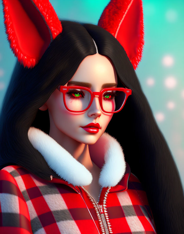 Digital artwork: Female character with red glasses, green eyes, furry ears, red plaid jacket.