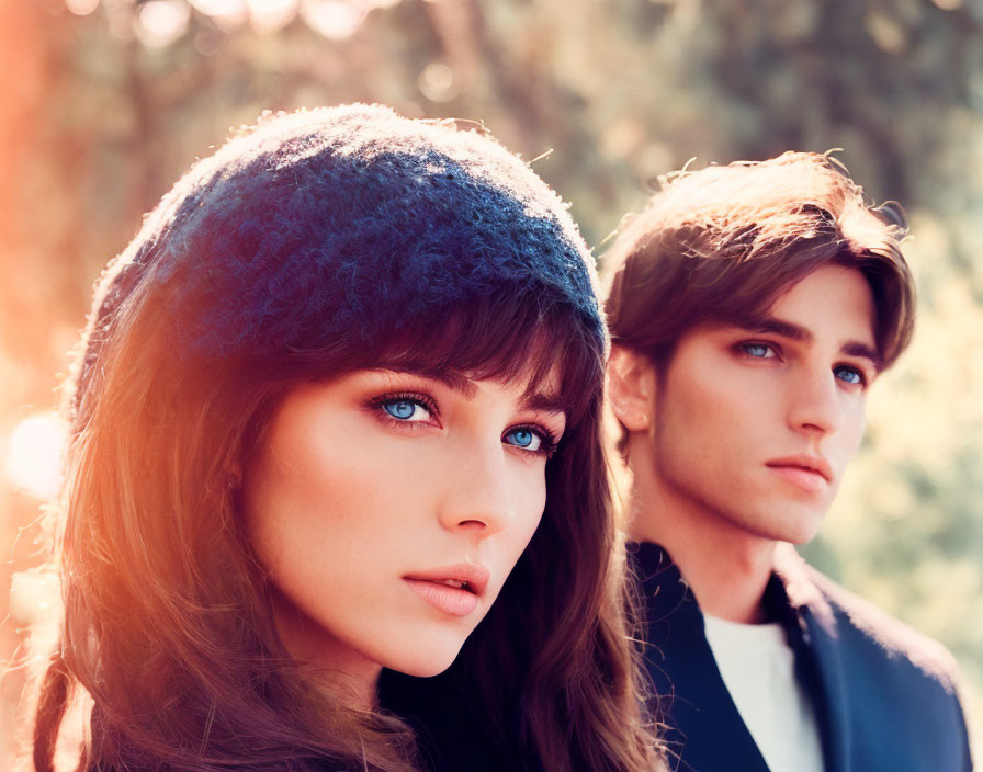 Two individuals with blue eyes in knit hat and suit, gazing under sunlight.