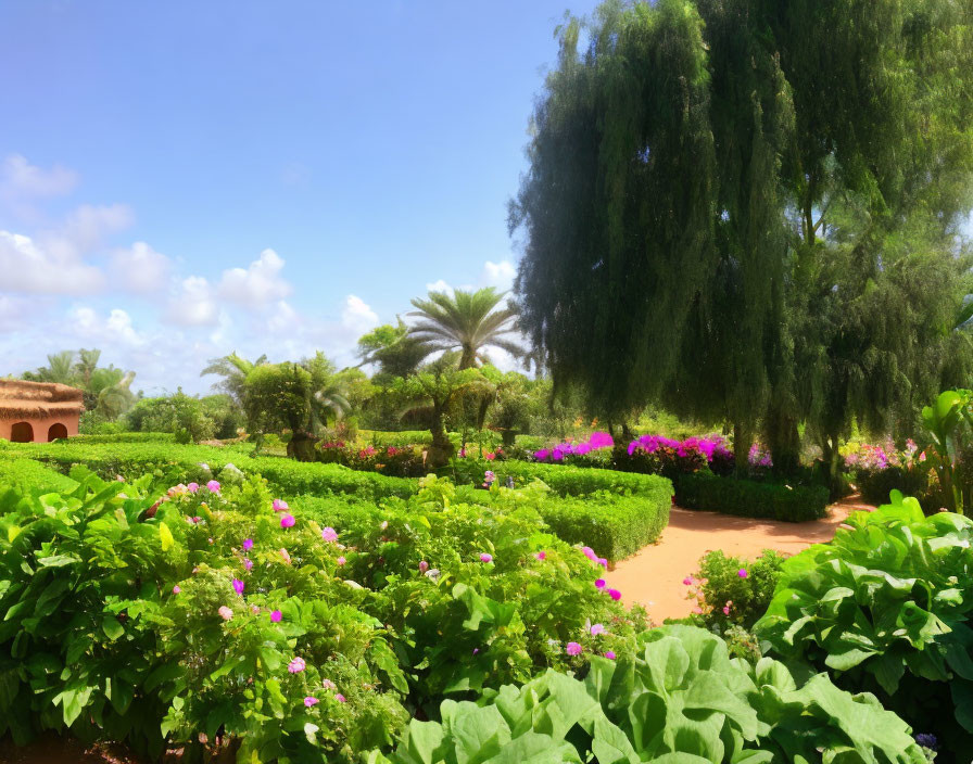 Vibrant pink flowers in lush green garden with weeping trees and blue sky