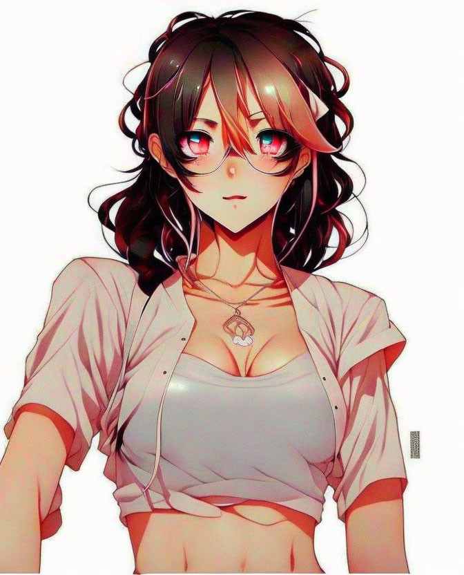 Female anime character with brown wavy hair, blue eyes, glasses, white crop top, sheer oversh