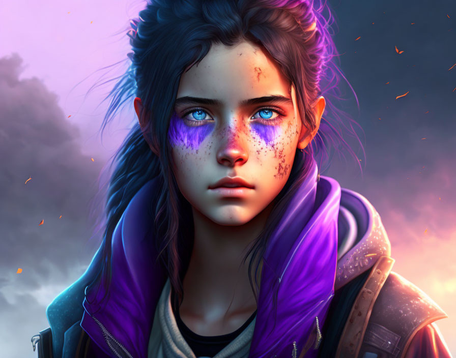 Portrait of a girl with blue eyes and purple markings in a jacket against an ethereal background