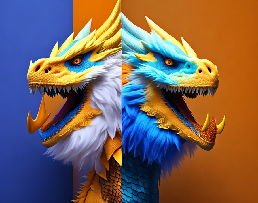 Colorful Split Dragon Heads on Vibrant Backgrounds