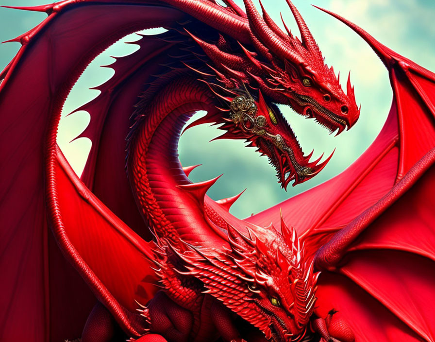 Red Dragon with Intricate Scales and Two Fierce Heads in Cloudy Sky