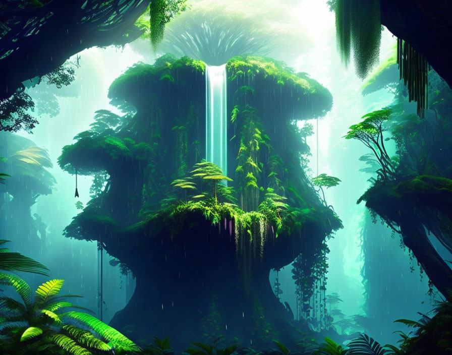 Majestic forest scene with massive tree and waterfall