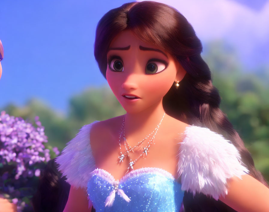 Brown-eyed animated character in blue dress with sparkly bodice and pearl necklace