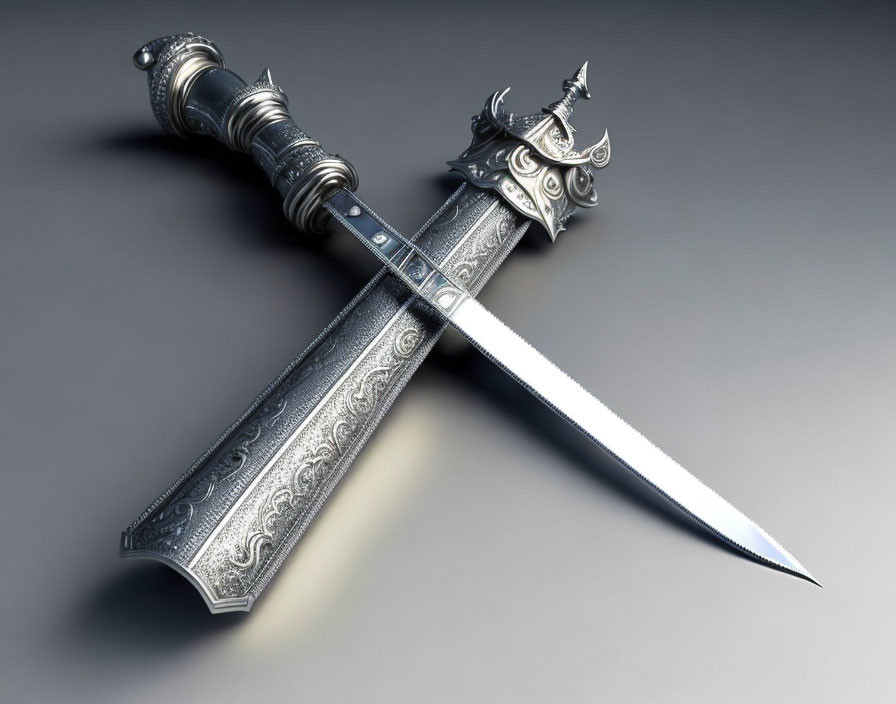 Ornate Silver Hilt Decorative Sword on Grey Background