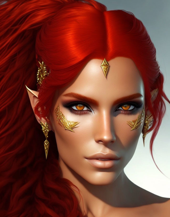 Digital portrait of woman with vibrant red hair, pointed ears, golden eye makeup