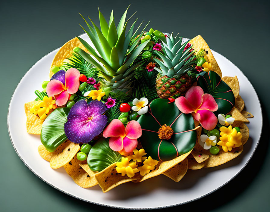 Colorful Tropical Food Display with Flowers, Leaves, and Pineapple