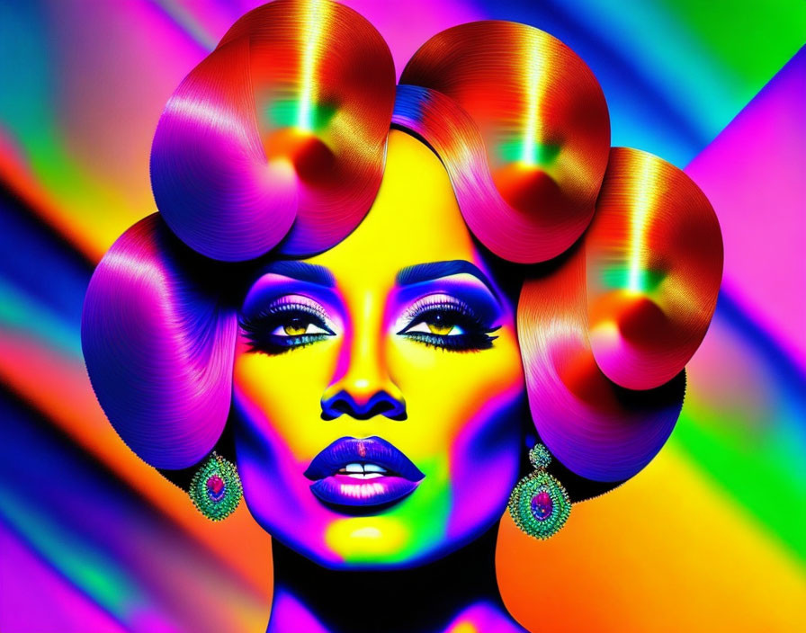 Colorful digital artwork of woman with stylized hair and makeup on rainbow background