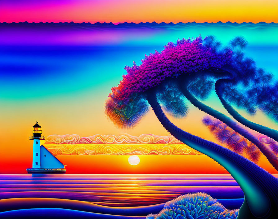 Surreal landscape with lighthouse, stylized tree, and setting sun.