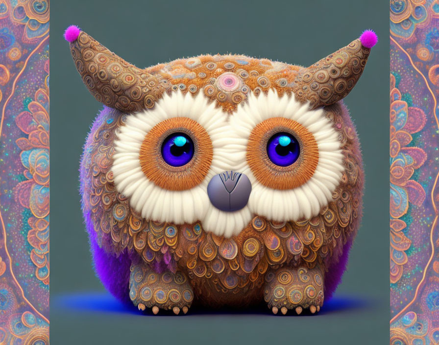 Stylized owl with blue eyes and intricate feathers on patterned background