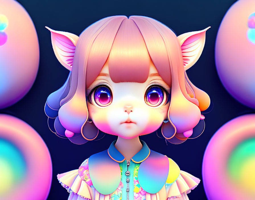 Vibrant digital art: character with large eyes and elfin ears, peach hair, pastel