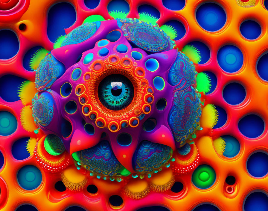 Colorful 3D fractal art with central eye and psychedelic patterns