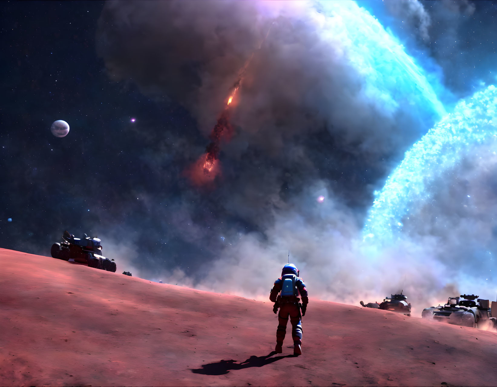 Astronaut on barren alien landscape with vehicles and cosmic scene