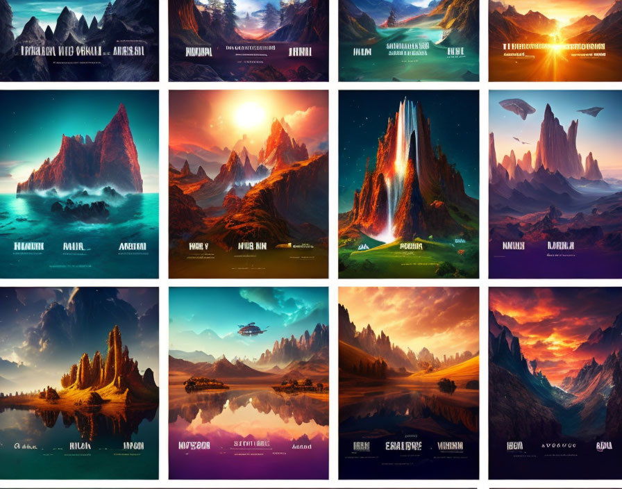 Twelve vibrant digital landscapes of fantastical locations with unique names