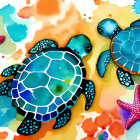 Vibrant watercolor artwork featuring two turtles and starfish